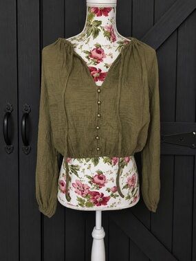 NWT Cupshe Olive Green 100% Cotton Peasant Crop Top Balloon Sleeve Blouse Large